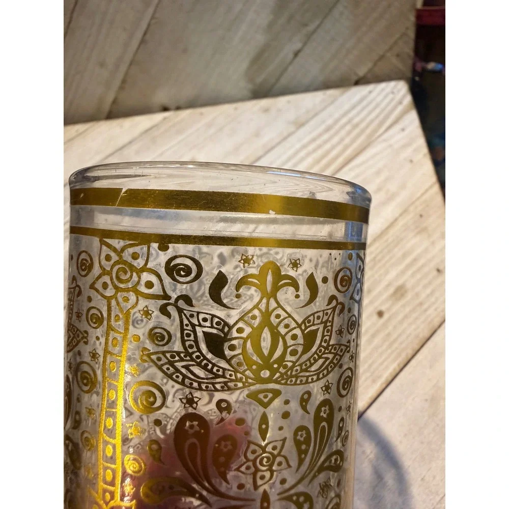 Vintage Gold Damask Floral Glass Tumbler Clear Gold Rim Boho Barware set of 6